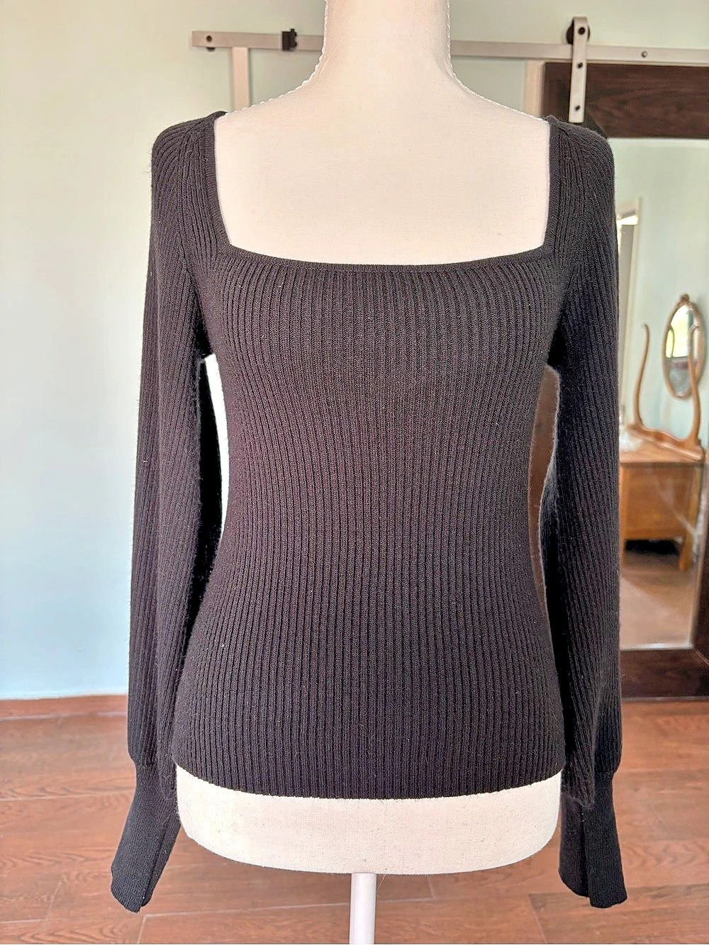 Oak + Fort Black Square Neck Knit Sweater with subtle bell sleeves Like New
